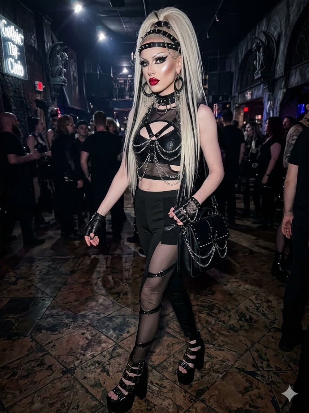 Dolls Kill Black Strappy Sheer-Panel Leggings with Chain Accents